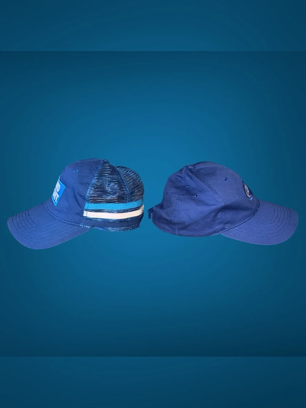 Lot of 2 Bud Light Blue Brand Caps – Striped Mesh Trucker Hat & Cotton Dad Hat